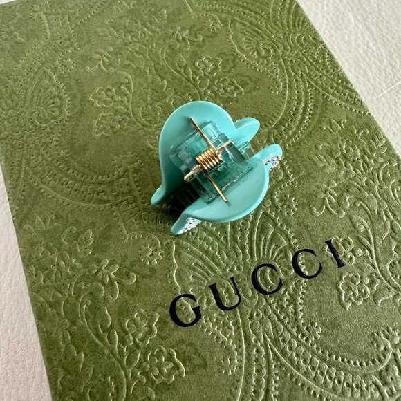 NEW Gucci Heart Shaped Hair Clip with Intertwined G's Blue Green Crystal - Picture 2 of 8